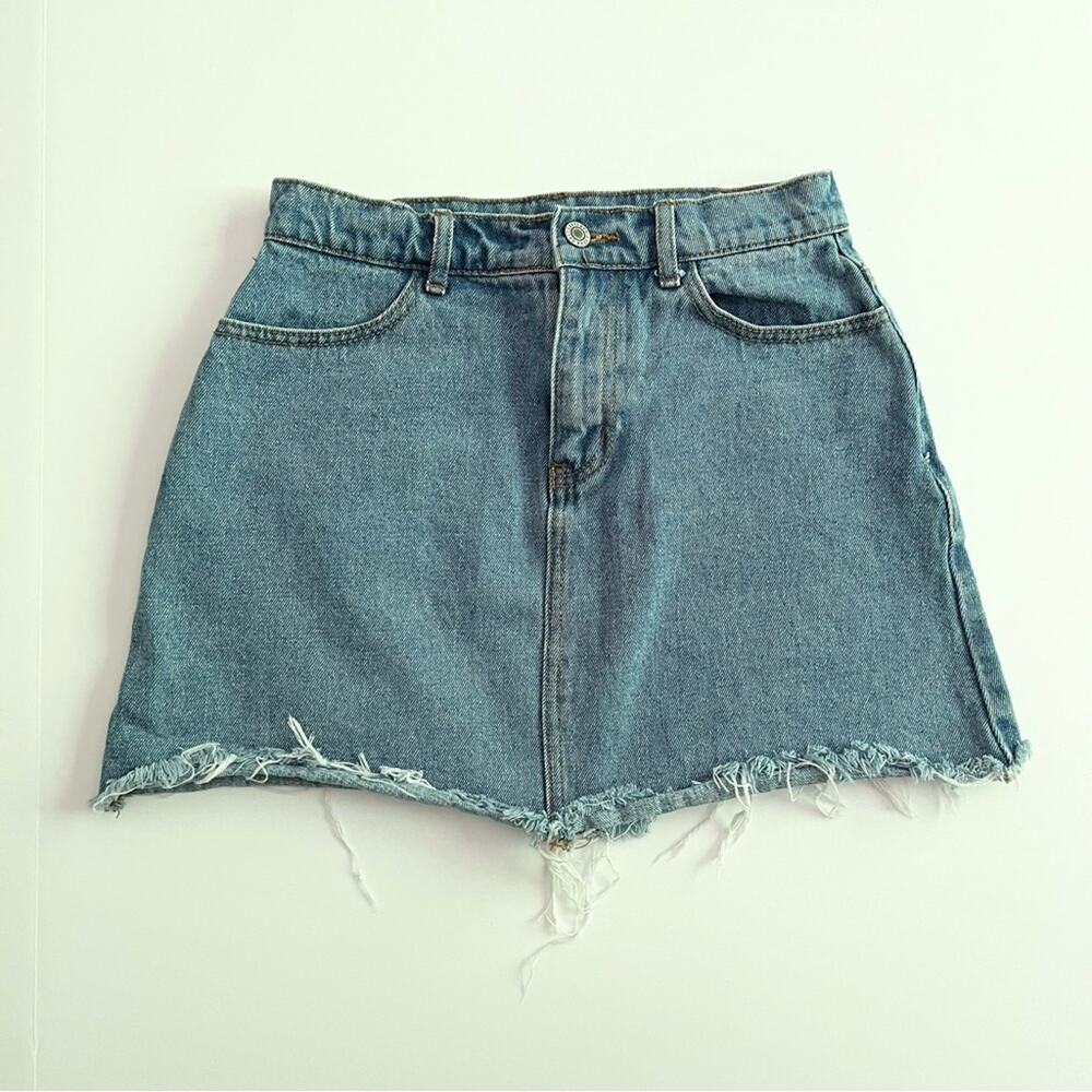 John‎ Galt Denim Skirt Small 100% Cotton Blue Jean Mini Skirt Distressed Raw Hem